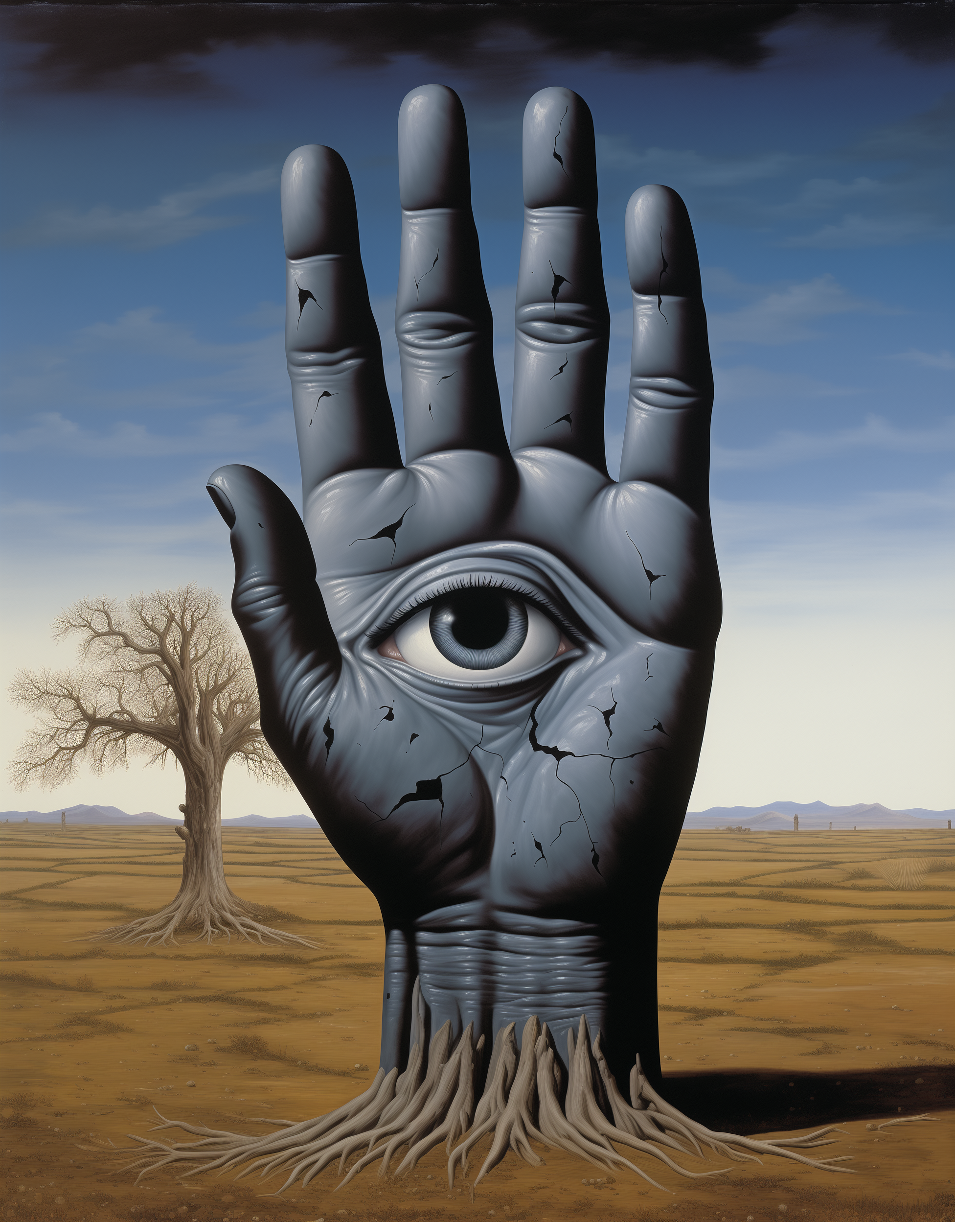 AI generated: Midjourney prompt: black hand with an eye in the palm, reaching out ... (Midjourney - Concept Art)
