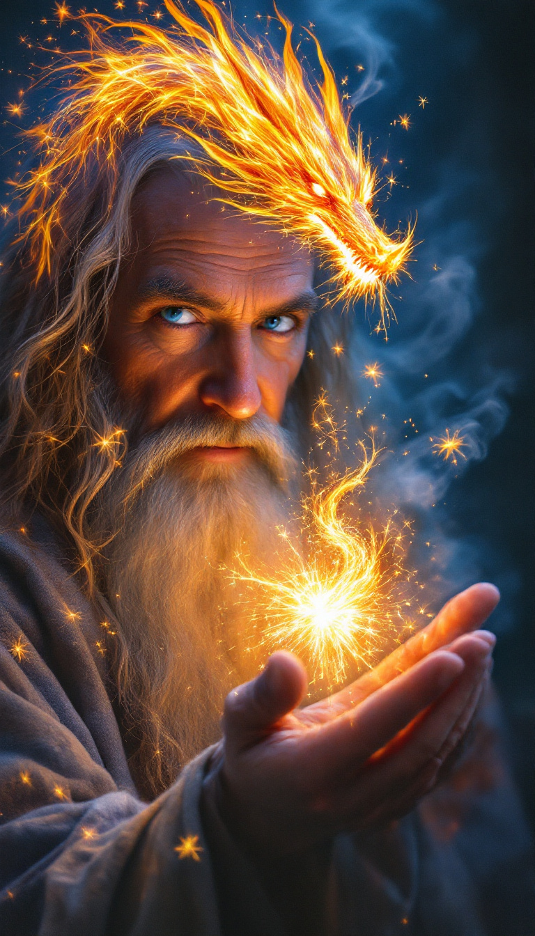 صورة مولدة بالذكاء الاصطناعي: FLUX prompt: A close-up, cinematic painting of Gandalf the Grey... (نموذج FLUX - صور شخصية)