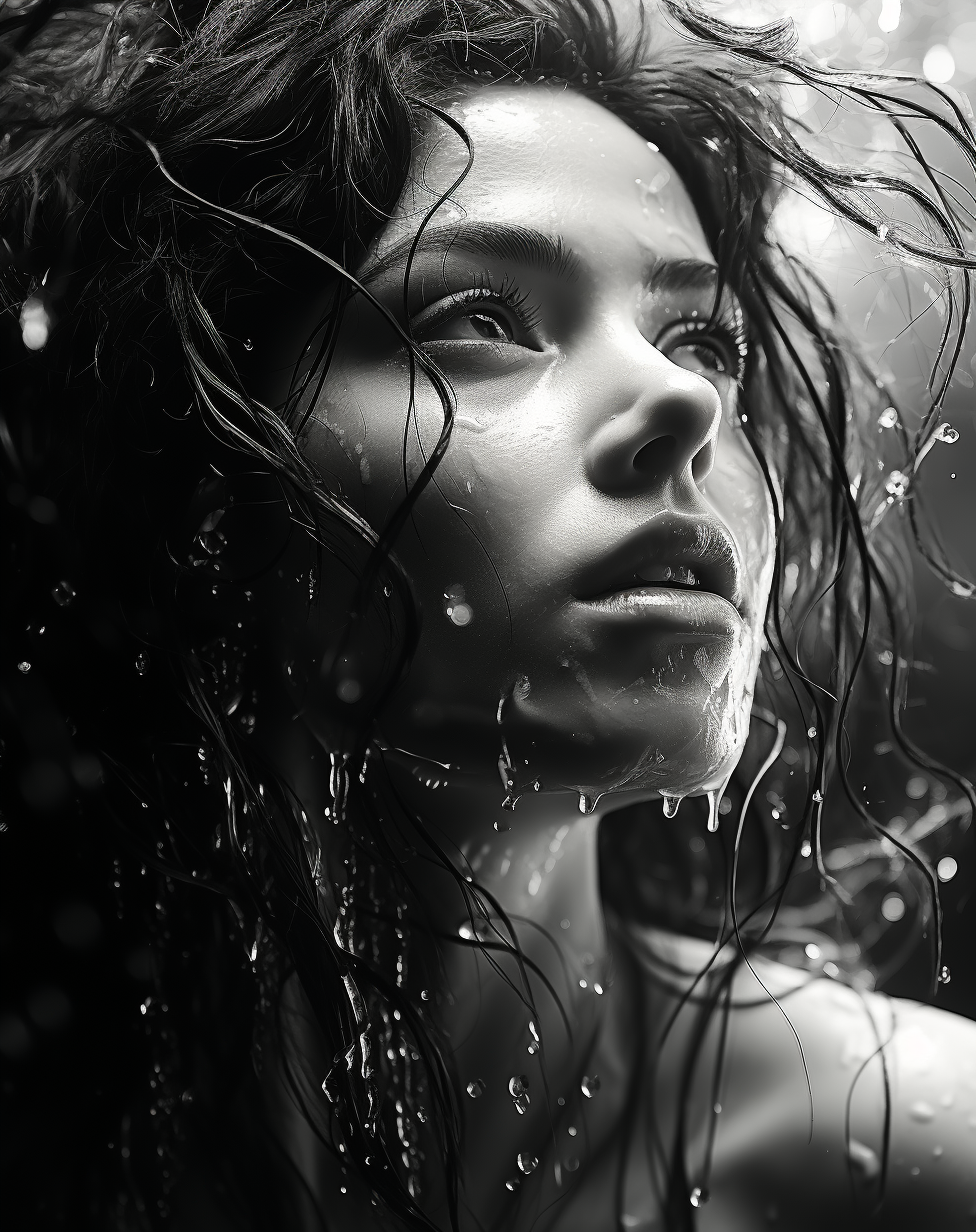 صورة مولدة بالذكاء الاصطناعي: Midjourney prompt: girl with water sprays on her face black and white... (نموذج Midjourney - تصوير فوتوغرافي)