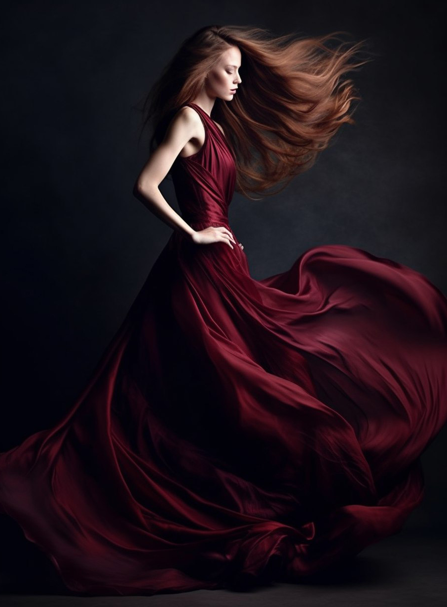 Midjourney prompt: beautiful red dress long hair and dance, in the st... - Midjourney