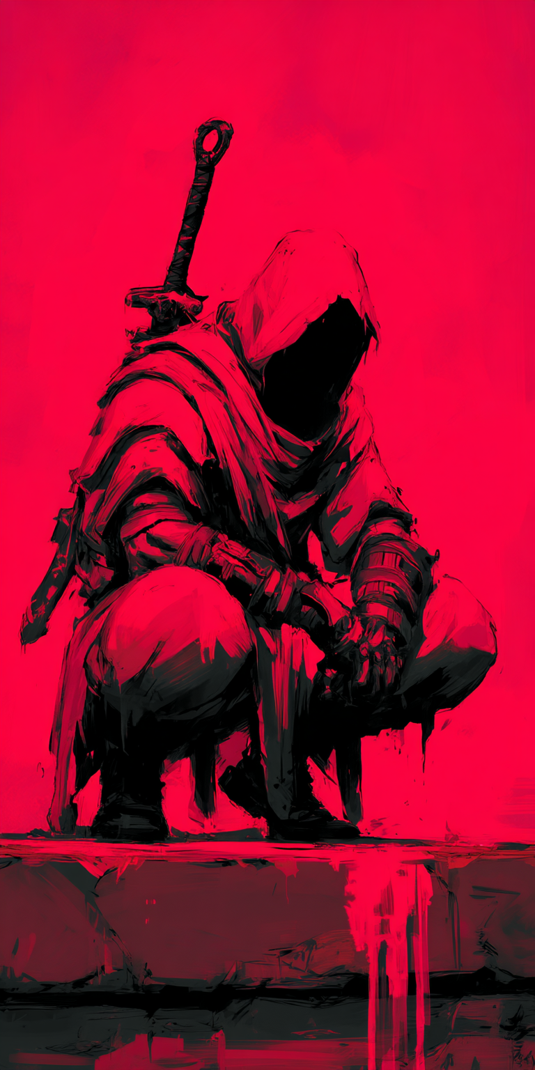 Midjourney prompt: A hooded figure, holding a sword in one hand, fant... - Midjourney