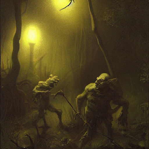 Stable Diffusion prompt: goblins stalk in the dark woods ...