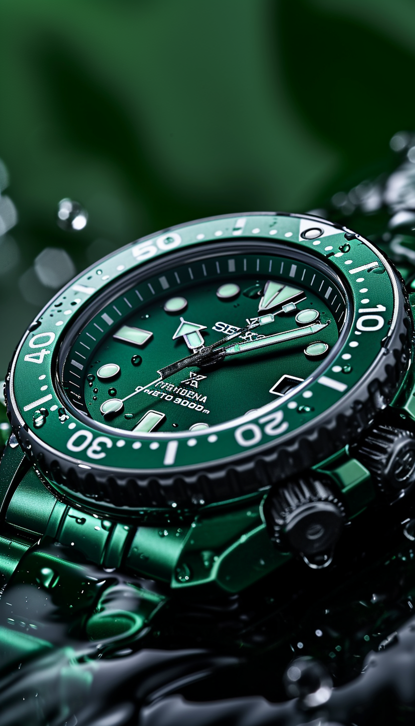 Midjourney prompt: the seiko watch is green and has black hands, in t... - Midjourney