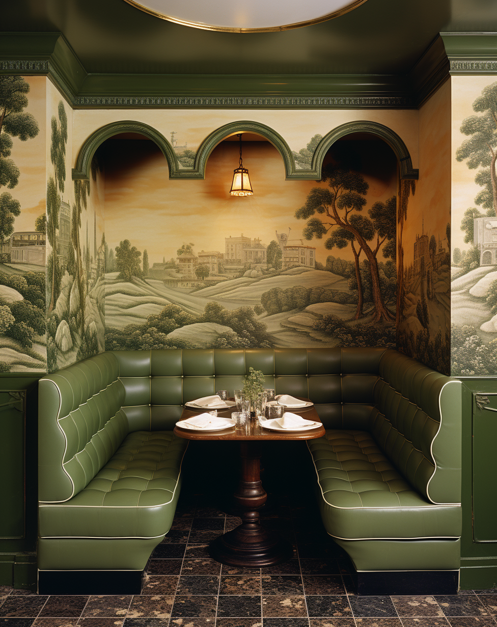 AI generated: Midjourney prompt: green booths with a wall behind them, in the style... (Midjourney - Interior Design)