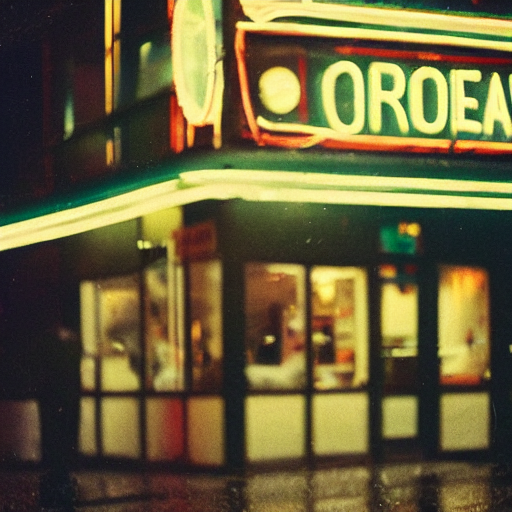 Stable Diffusion prompt: Front photograph of a cafe at ni...