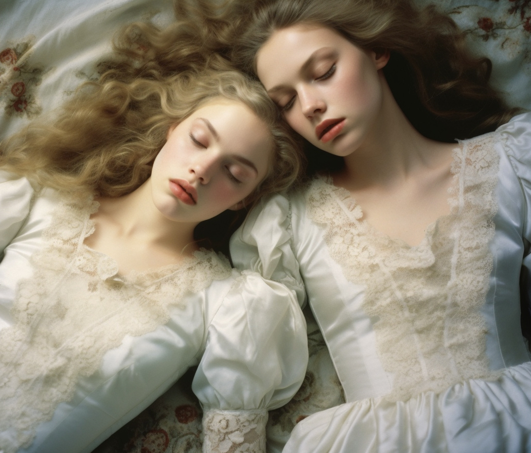 Midjourney prompt: a couple of women laying on top of a bed, style of... - Midjourney