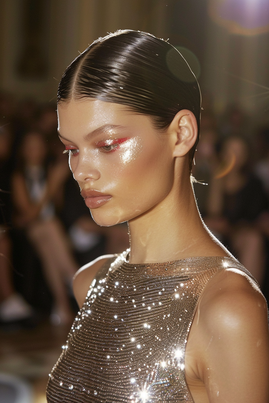 AI generated: Midjourney prompt: close up model in minimalistic shiny glitter silve... (Midjourney - Fashion)