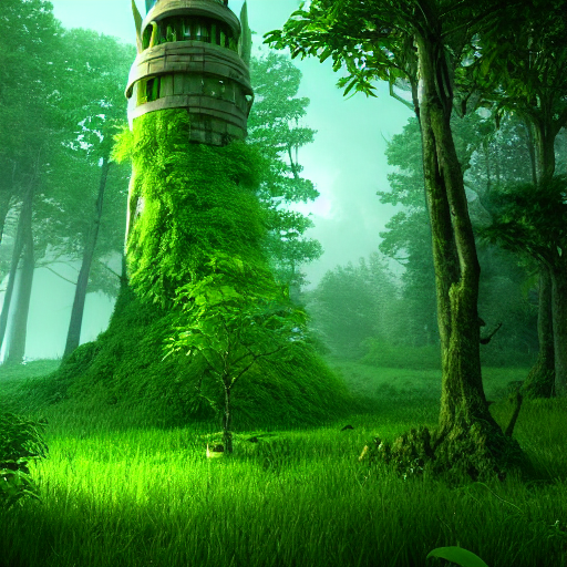 Stable Diffusion prompt: lush green forest, wizard tower ...