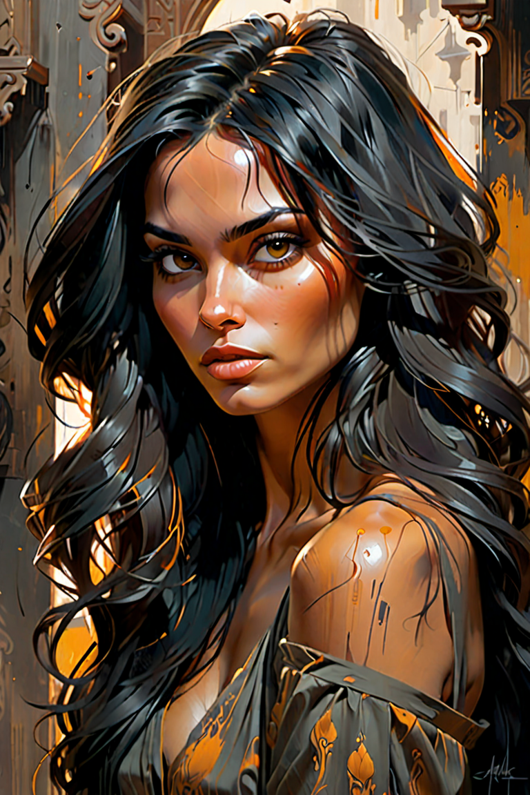 Stable Diffusion prompt: an oil painting of a woman with long black hair, i... - Stable Diffusion