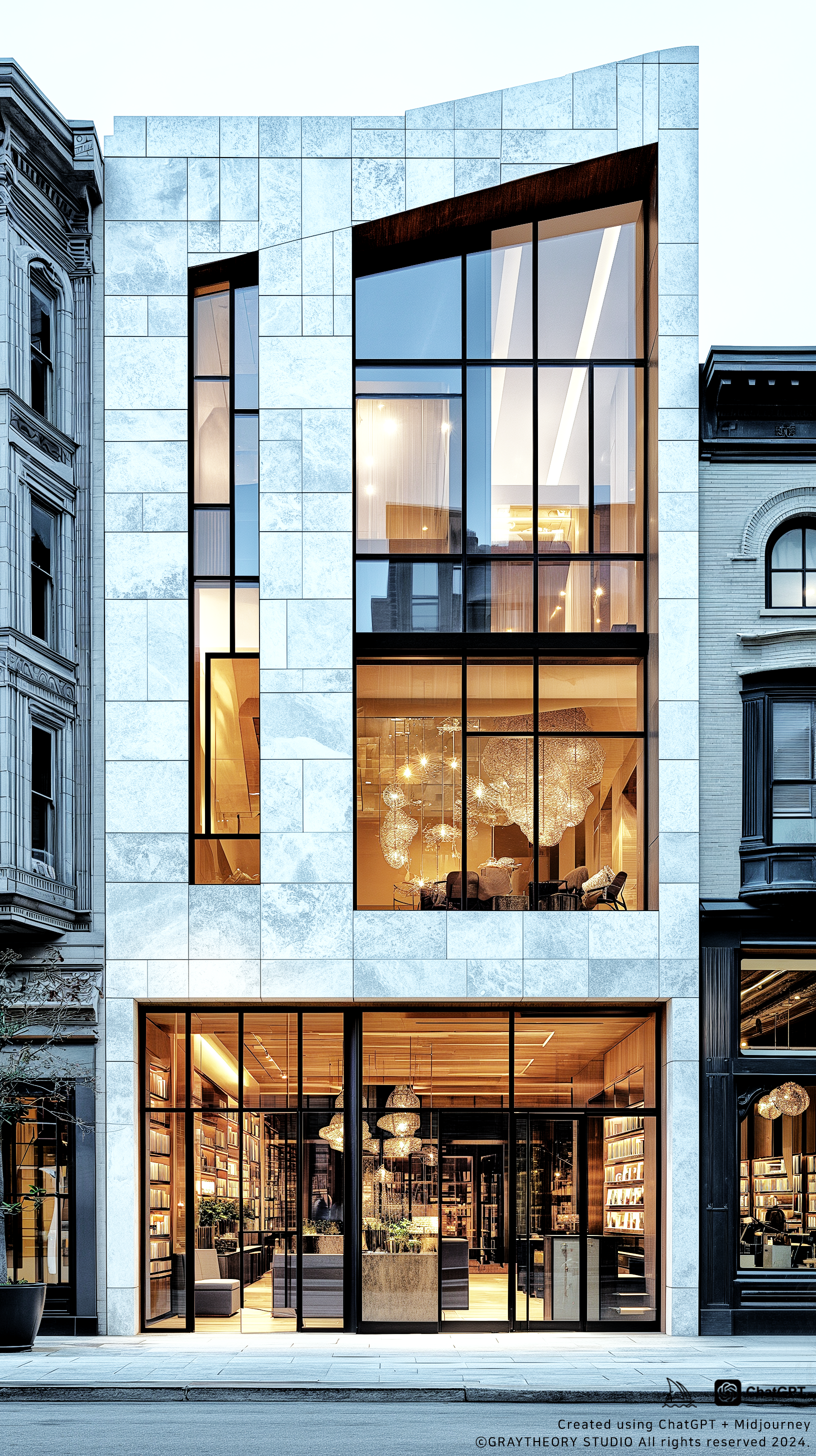 صورة مولدة بالذكاء الاصطناعي: Midjourney prompt: Modern retail facade, geometric design, Leica SL2,... (نموذج Midjourney - عمارة وتصميم)