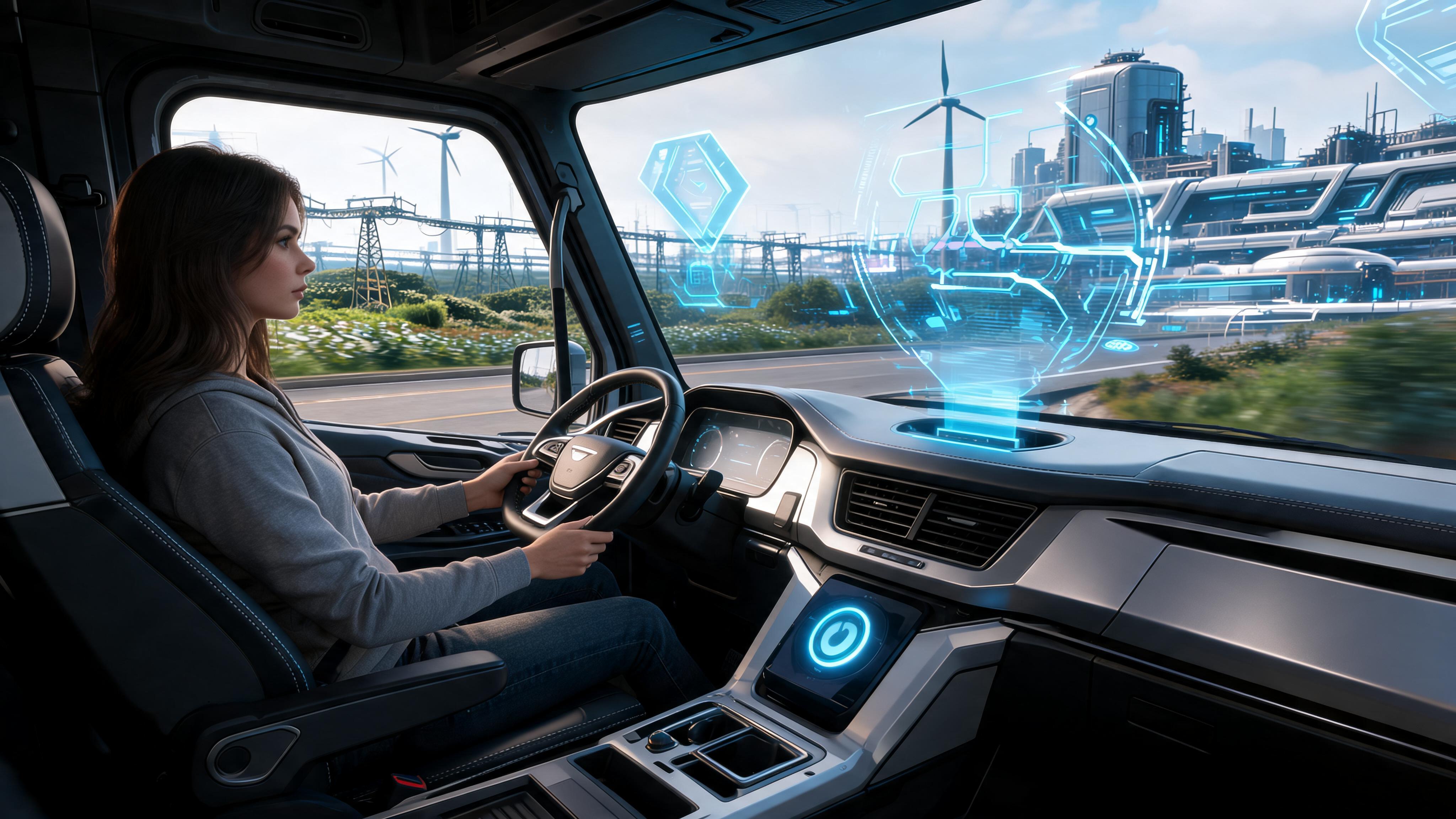 صورة مولدة بالذكاء الاصطناعي: Seedream 5 prompt: Create a new, unique, futuristic semi-truck dashbo... (نموذج Seedream 5 - فن ثلاثي الأبعاد)