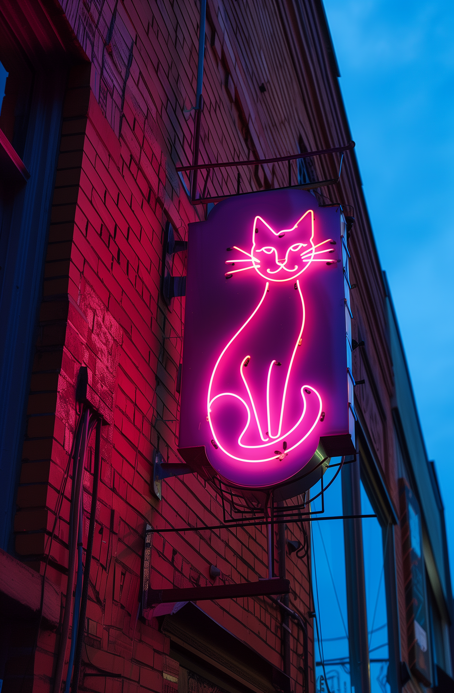 صورة مولدة بالذكاء الاصطناعي: Midjourney prompt: pink cat neon sign, on the side of a brick buildin... (نموذج Midjourney - تصوير فوتوغرافي)