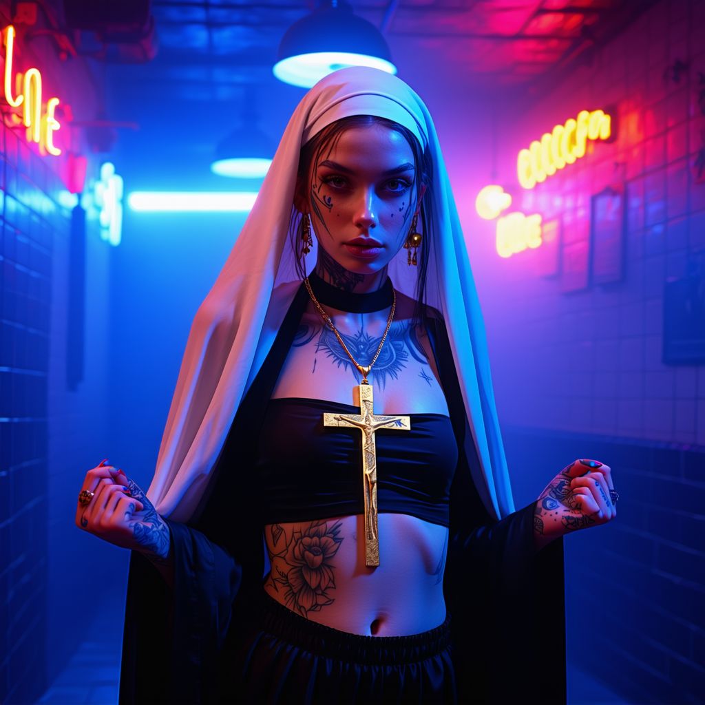 AI generated: Stable Diffusion prompt: Full body shot of a young beautiful tattooed nun w... (Stable Diffusion - Logos, Icons & Design)