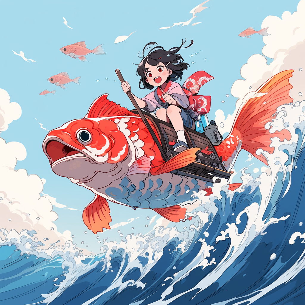 Midjourney prompt: a cartoon of a girl riding a koi fish, in the styl... - Midjourney