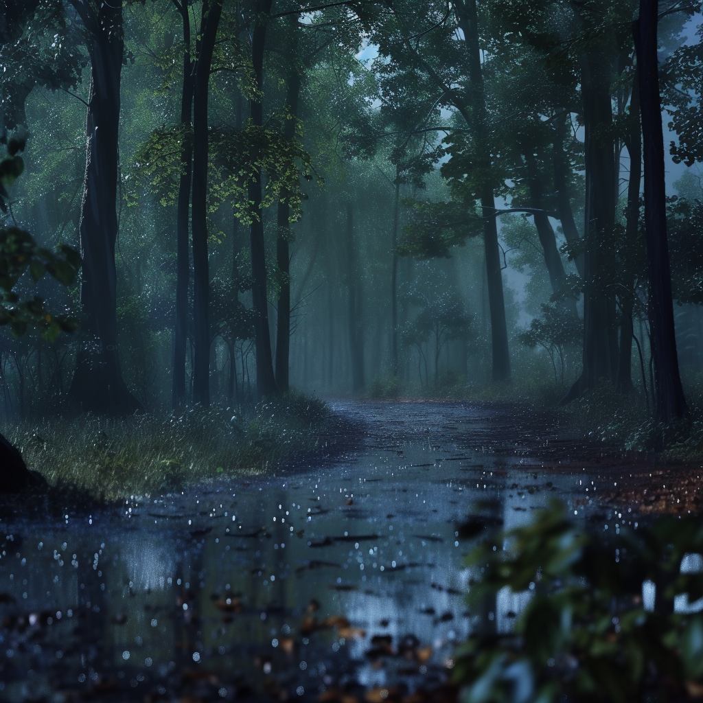 AI generated: Midjourney prompt: vivid and enchanting, rainy night, forest, serene,... (Midjourney - Landscapes)