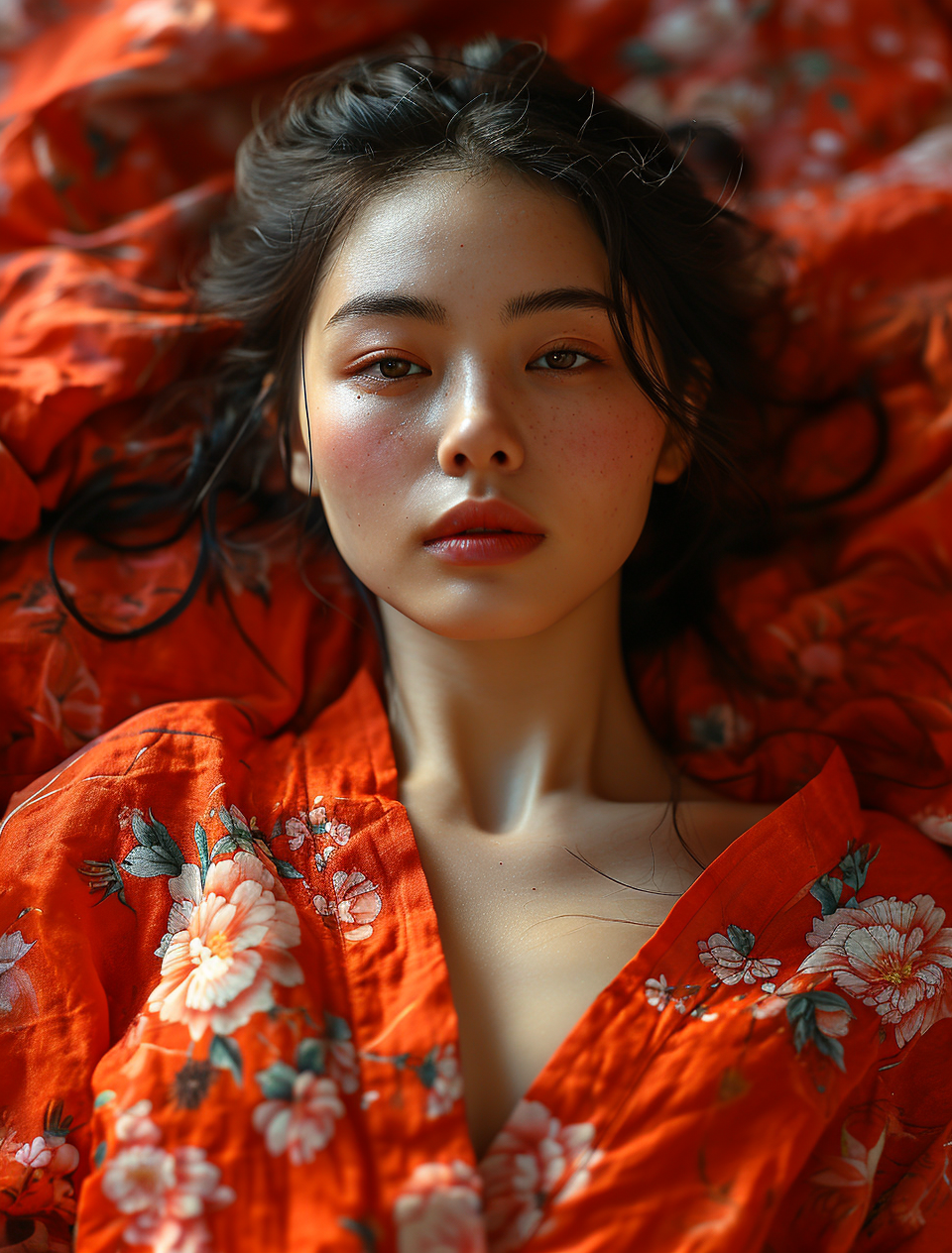 AI generated: Midjourney prompt: asian woman laying on a bed in red on t shirt, in ... (Midjourney - Photography)