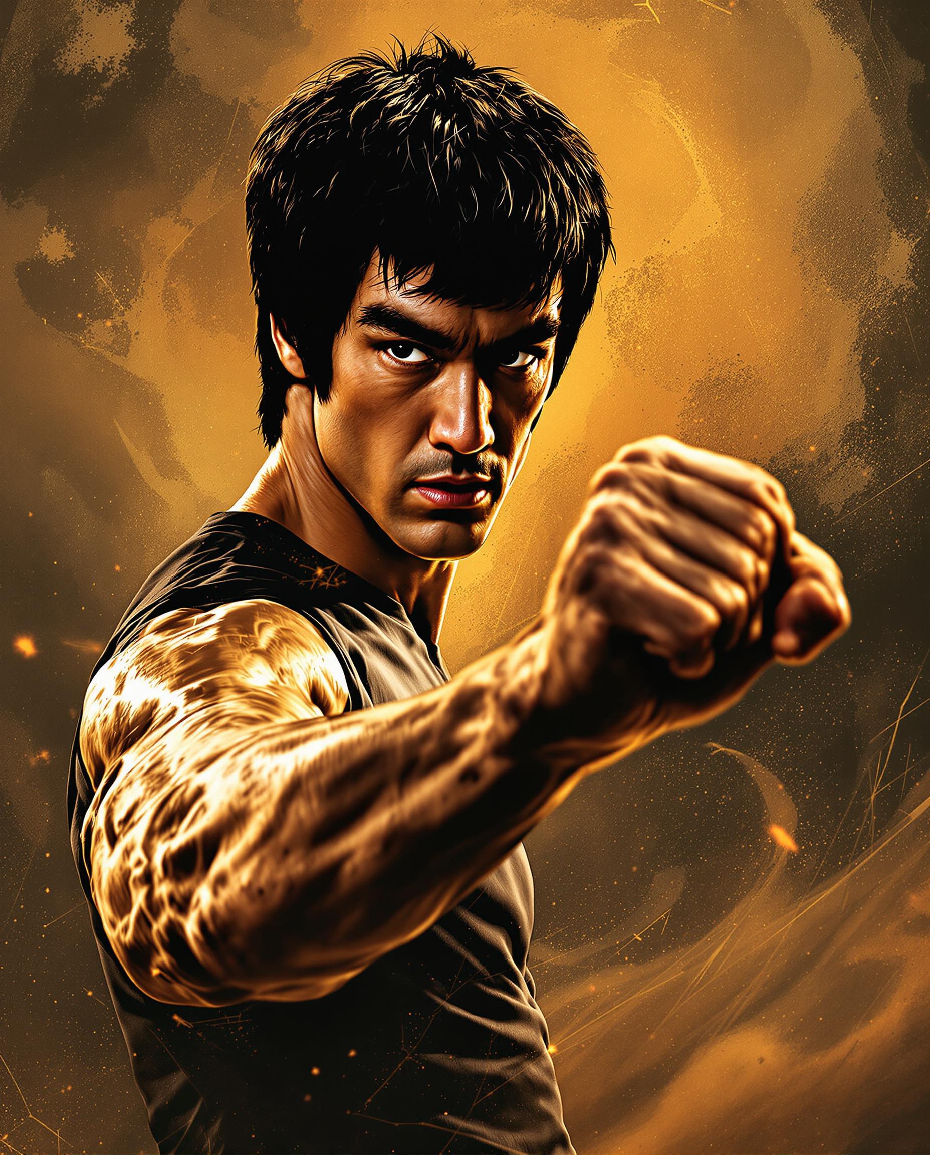 صورة مولدة بالذكاء الاصطناعي: FLUX prompt: Bruce Lee in fists of fury, hands render --ar 2:3 (نموذج FLUX - فن مفاهيمي)