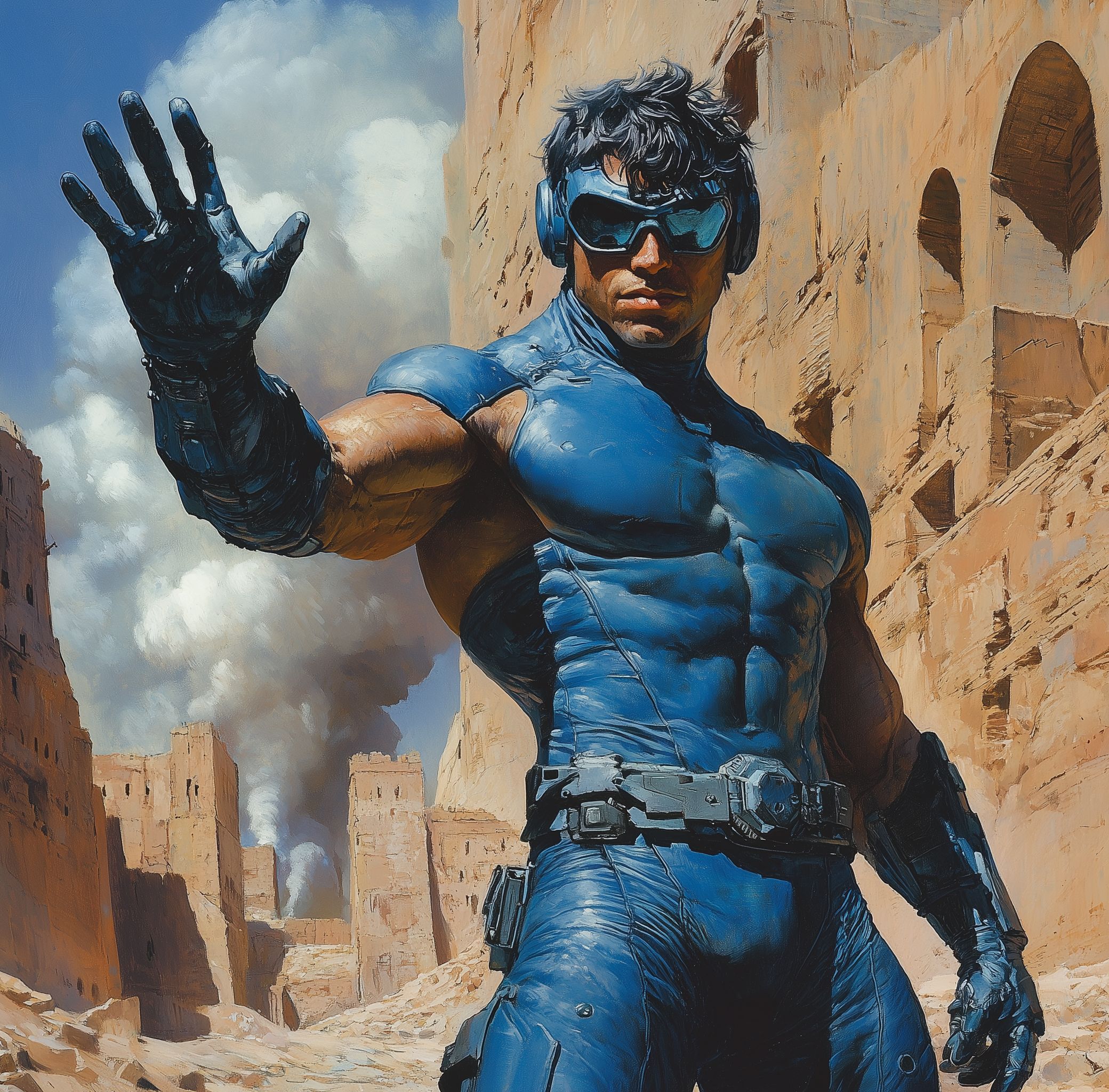 AI generated: Midjourney prompt: A muscular man in blue body armor and futuristic g... (Midjourney - Character Design)