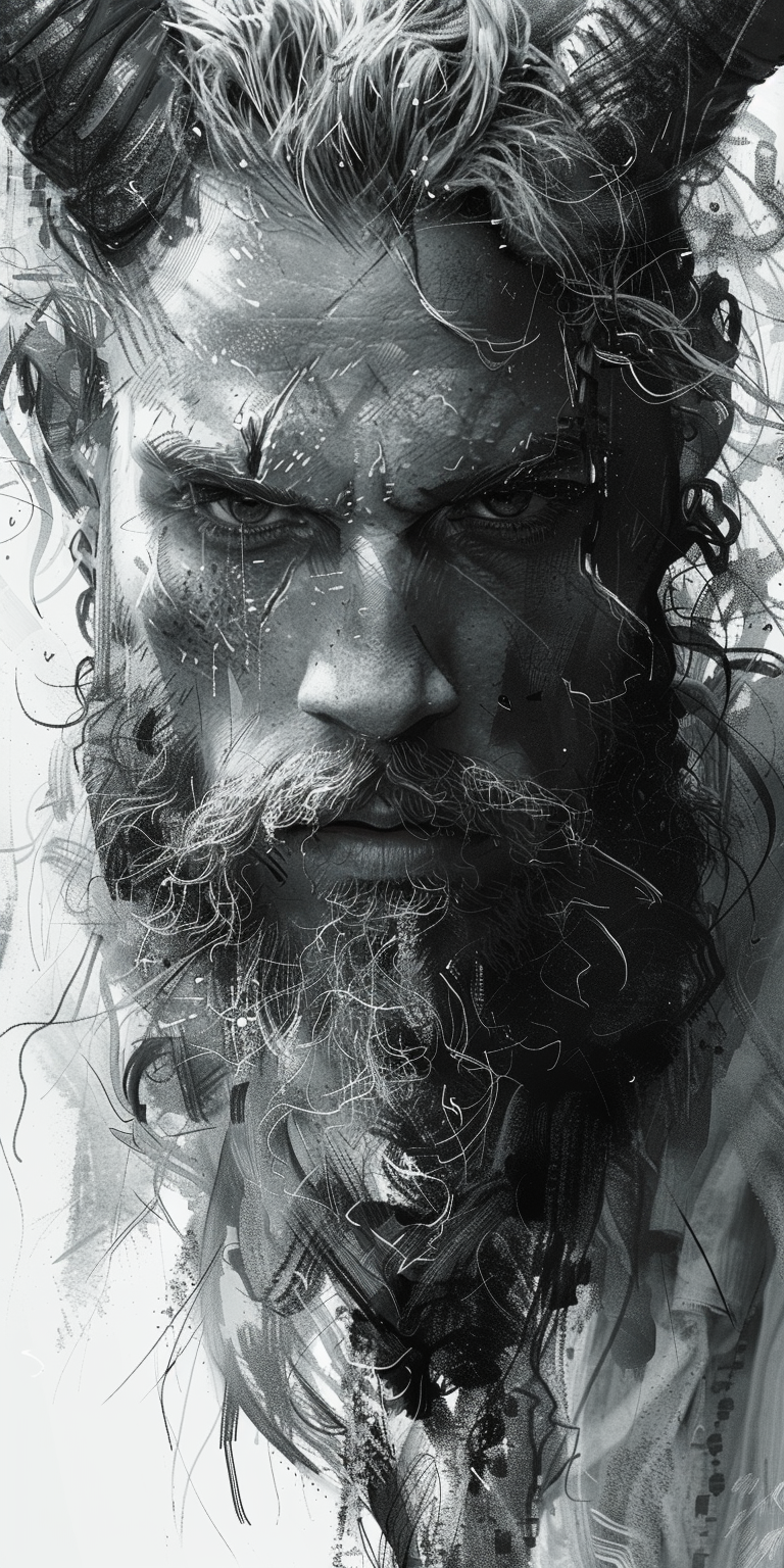 AI generated: Midjourney prompt: black and white drawing of Viking with horns, head... (Midjourney - Portraits)