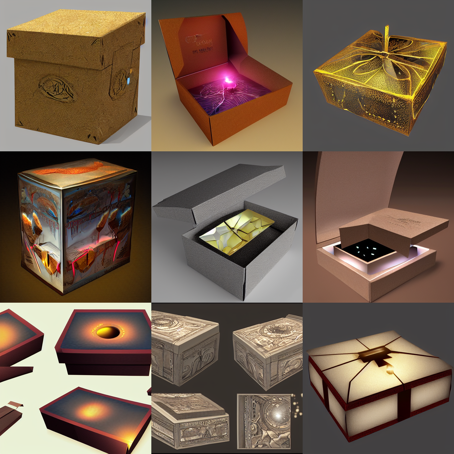 Stable Diffusion prompt: open gift box with glow inside,