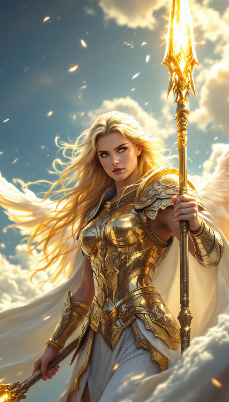 صورة مولدة بالذكاء الاصطناعي: FLUX prompt: A golden-haired Valkyrie descends from the sky, he... (نموذج FLUX - فن مفاهيمي)