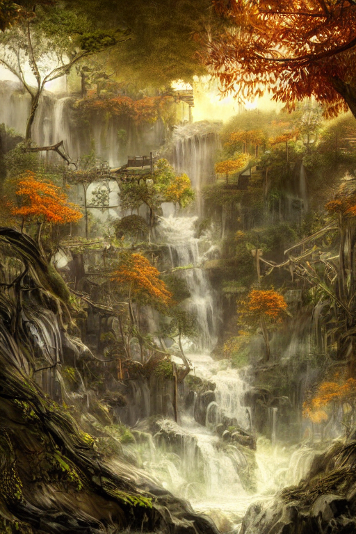 Stable Diffusion prompt: wooden elven City with golden ...