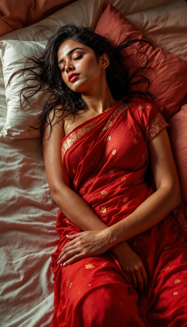 FLUX prompt: Red wet saree Indian woman, sleeping on edge on be... - FLUX