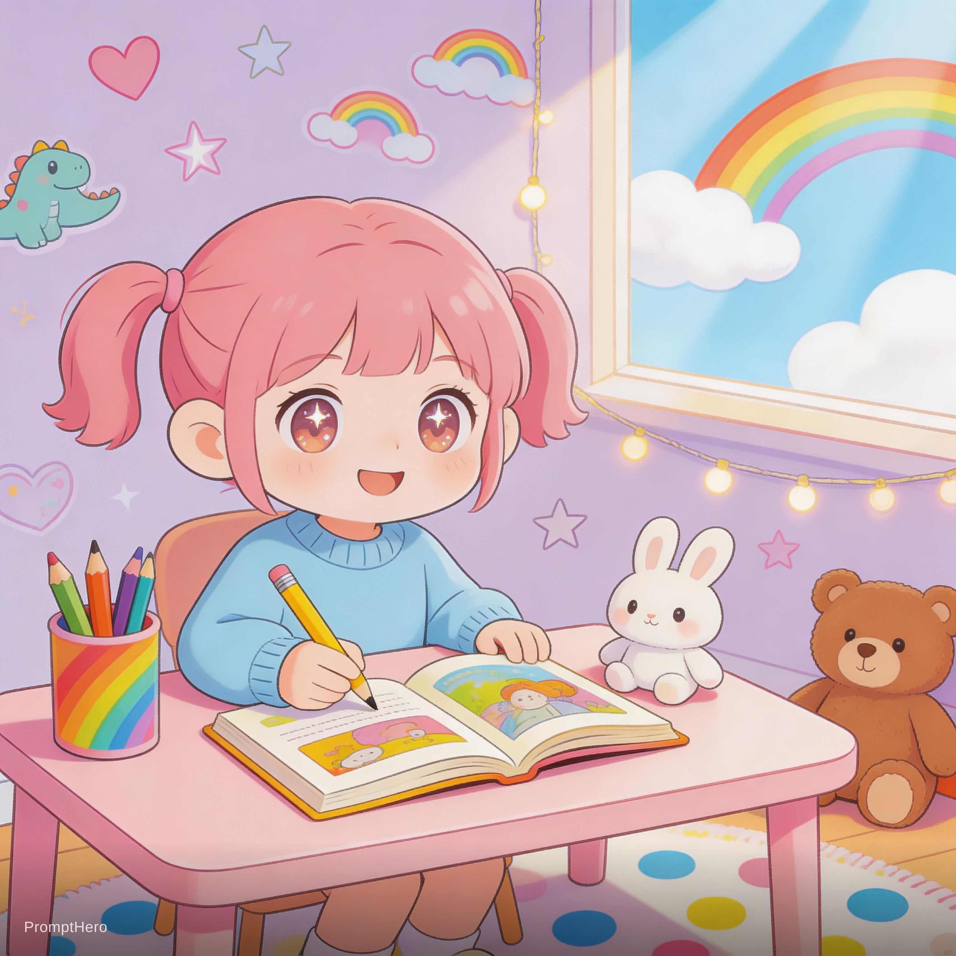 AI generated: Seedream 5 prompt: Girl cartoon learning in a play ful background (Seedream 5 - Portraits)
