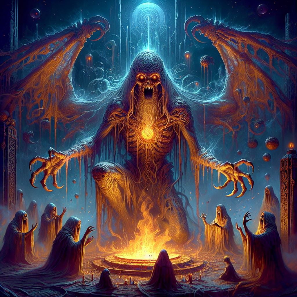 صورة مولدة بالذكاء الاصطناعي: DALL·E prompt: an ancient creature is awakened through a ritual. ... (نموذج DALL·E - صور شخصية)