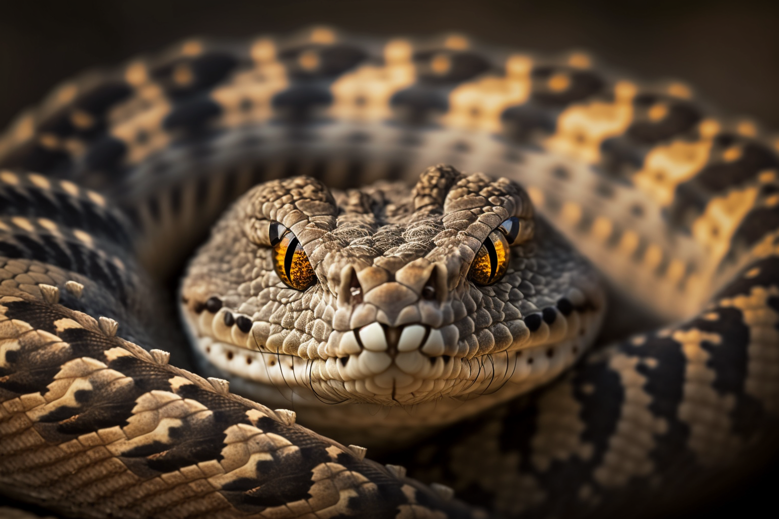Midjourney prompt: coiled eastern diamondback rattlesnake...