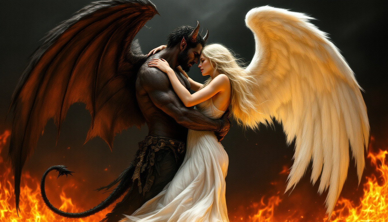 FLUX prompt: a demon and an angel embracing in front of a fiery... - FLUX