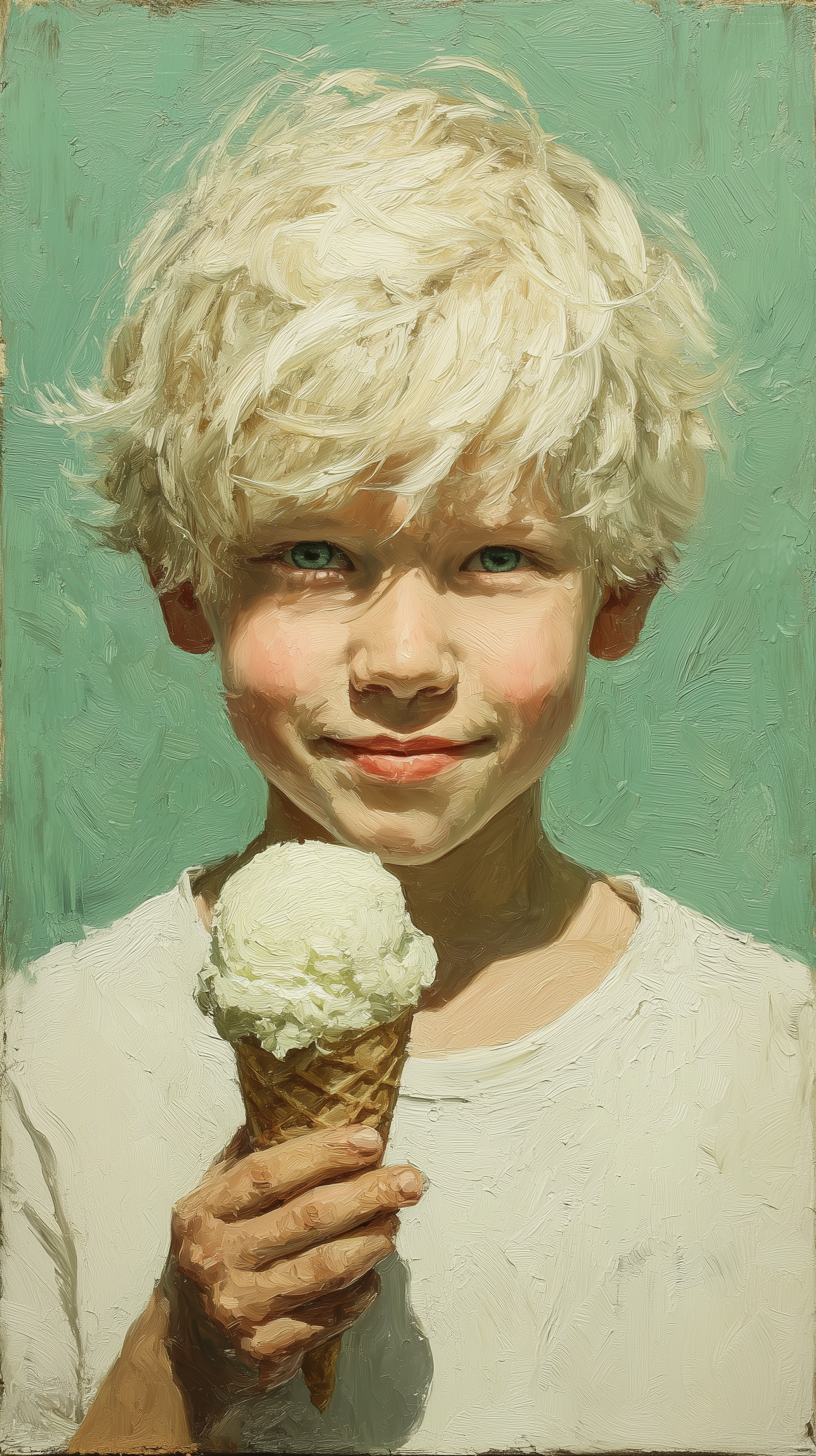AI generated: Midjourney prompt: oil painting, simplify, front portraits, boy, whit... (Midjourney - Portraits)