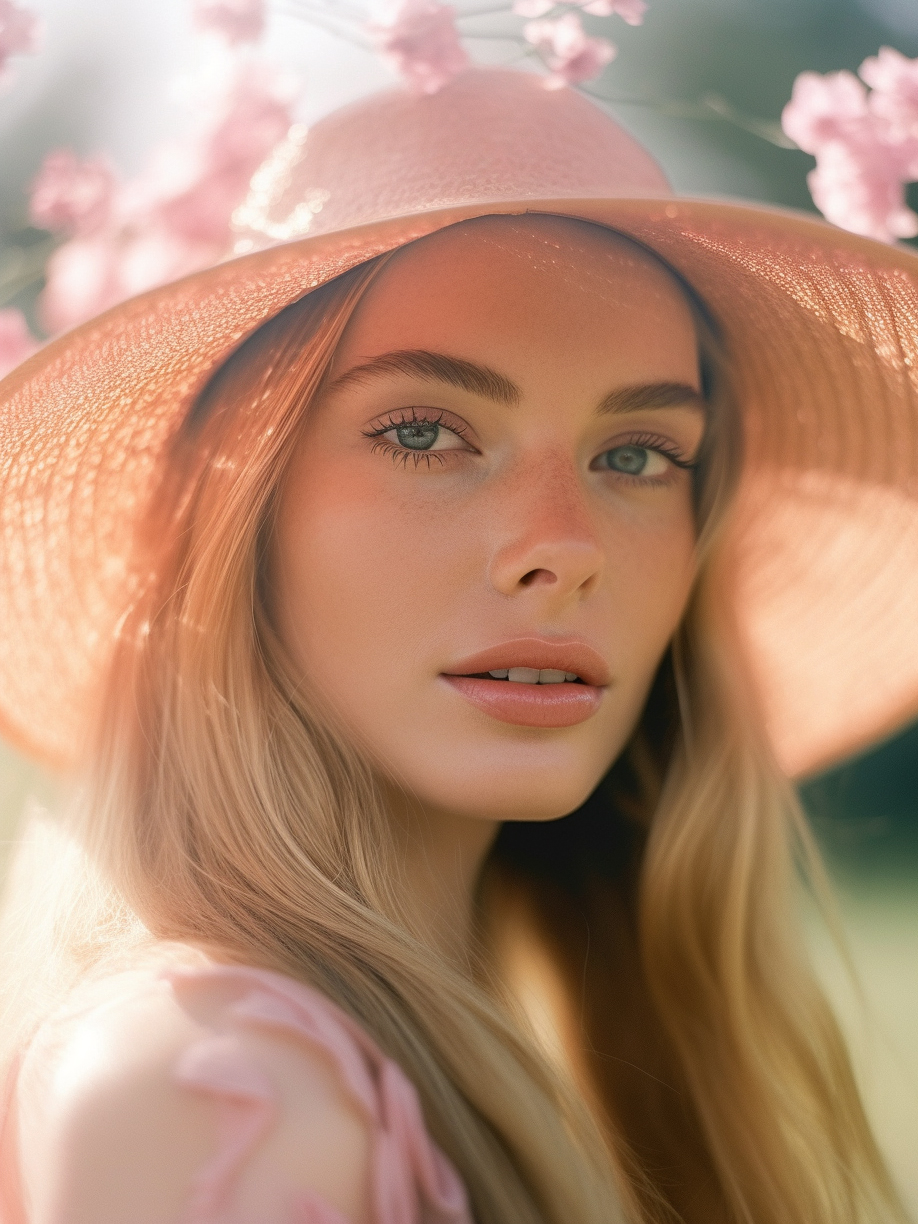 Midjourney prompt: a close up of a person wearing a hat, lush flowery... - Midjourney