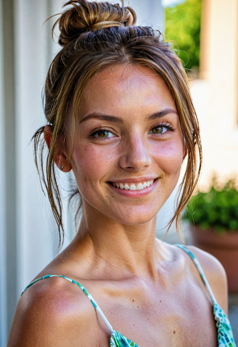 AI generated: Stable Diffusion prompt: HDR photo of woman with hair in a messy bun smiles... (Stable Diffusion - Photography)