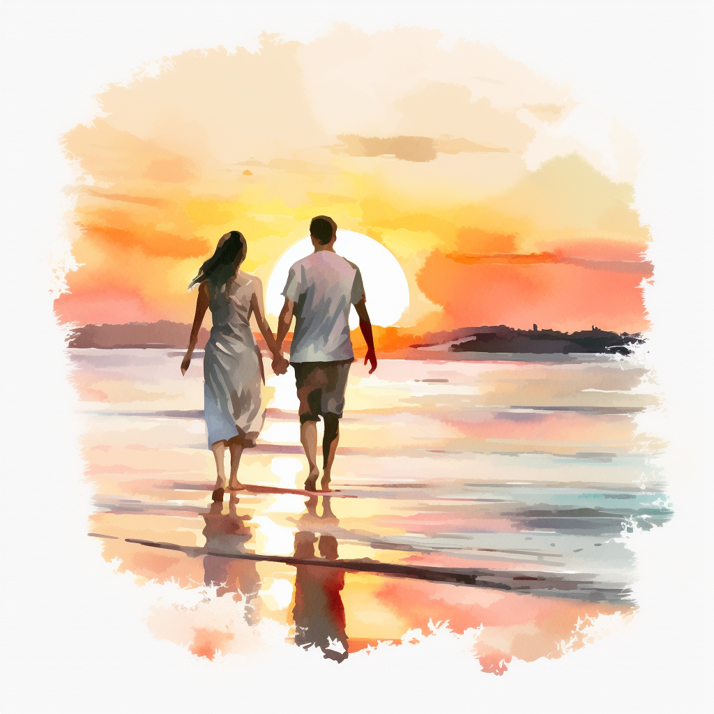 AI generated: Midjourney prompt: A watercolor clipart of a couple walking hand in h... (Midjourney - Portraits)