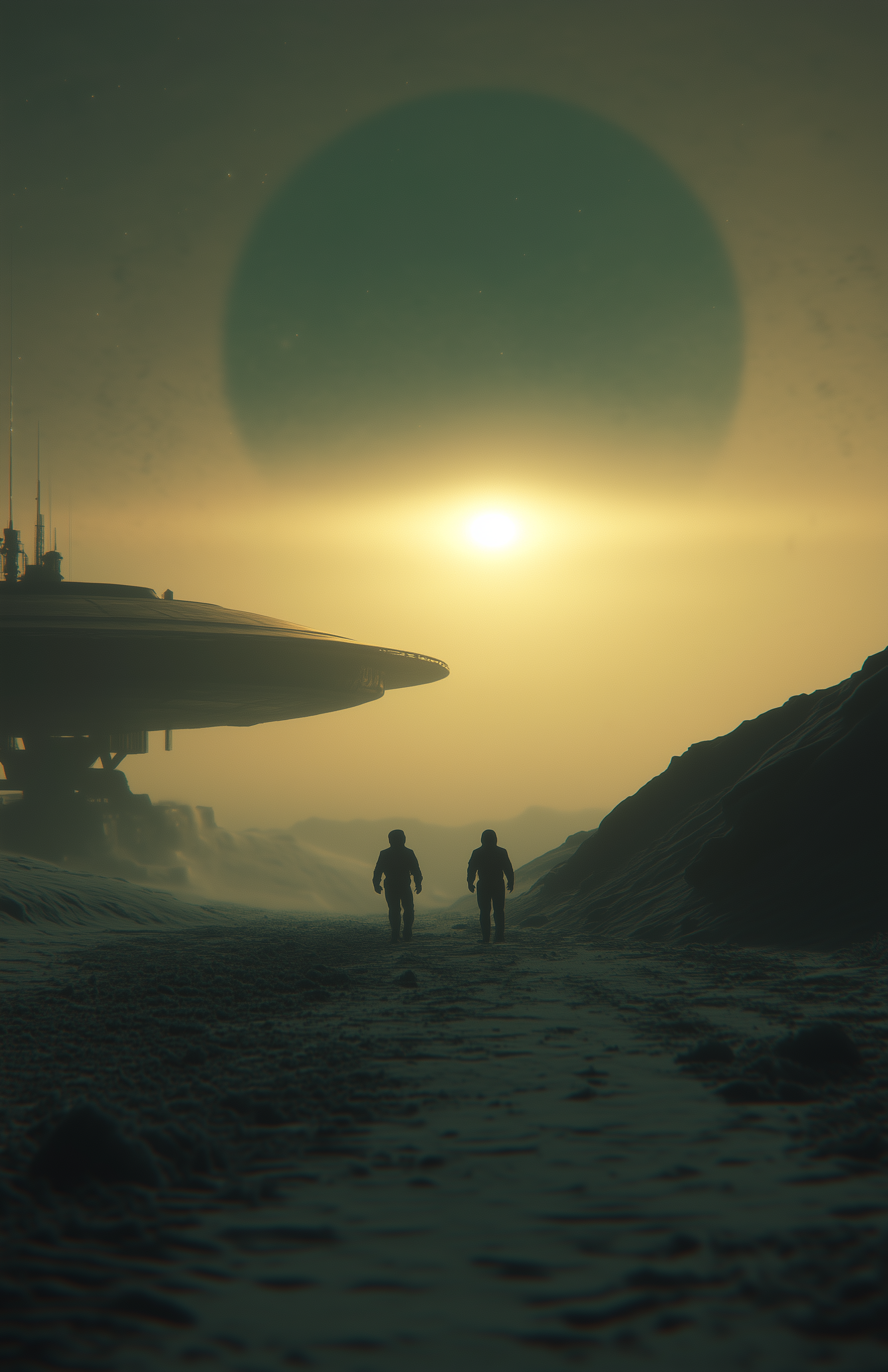 AI generated: Midjourney prompt: 70s book art of an alien spacecraft on an exoplane... (Midjourney - Landscapes)