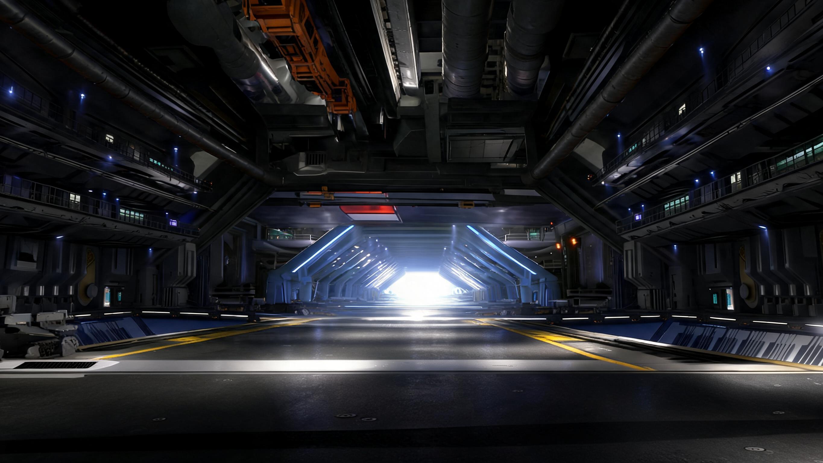 AI generated: Seedream 5 prompt: Massive futuristic lunar hangar interior viewed fr... (Seedream 5 - Architecture)