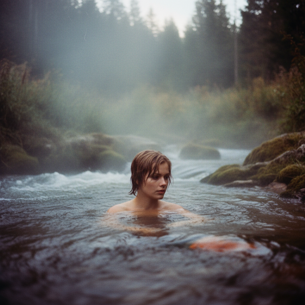 AI generated: Nano Banana prompt: hot spring in a wild river flow, steam rises from... (Nano Banana - Landscapes)