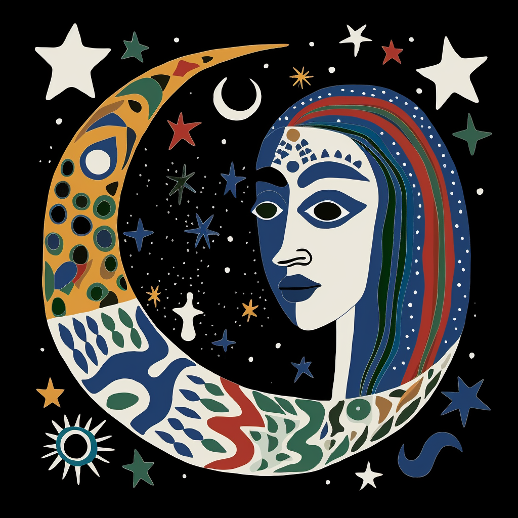AI generated: Midjourney prompt: A mystical icon of a moon, Pictogram style, dark a... (Midjourney - Portraits)