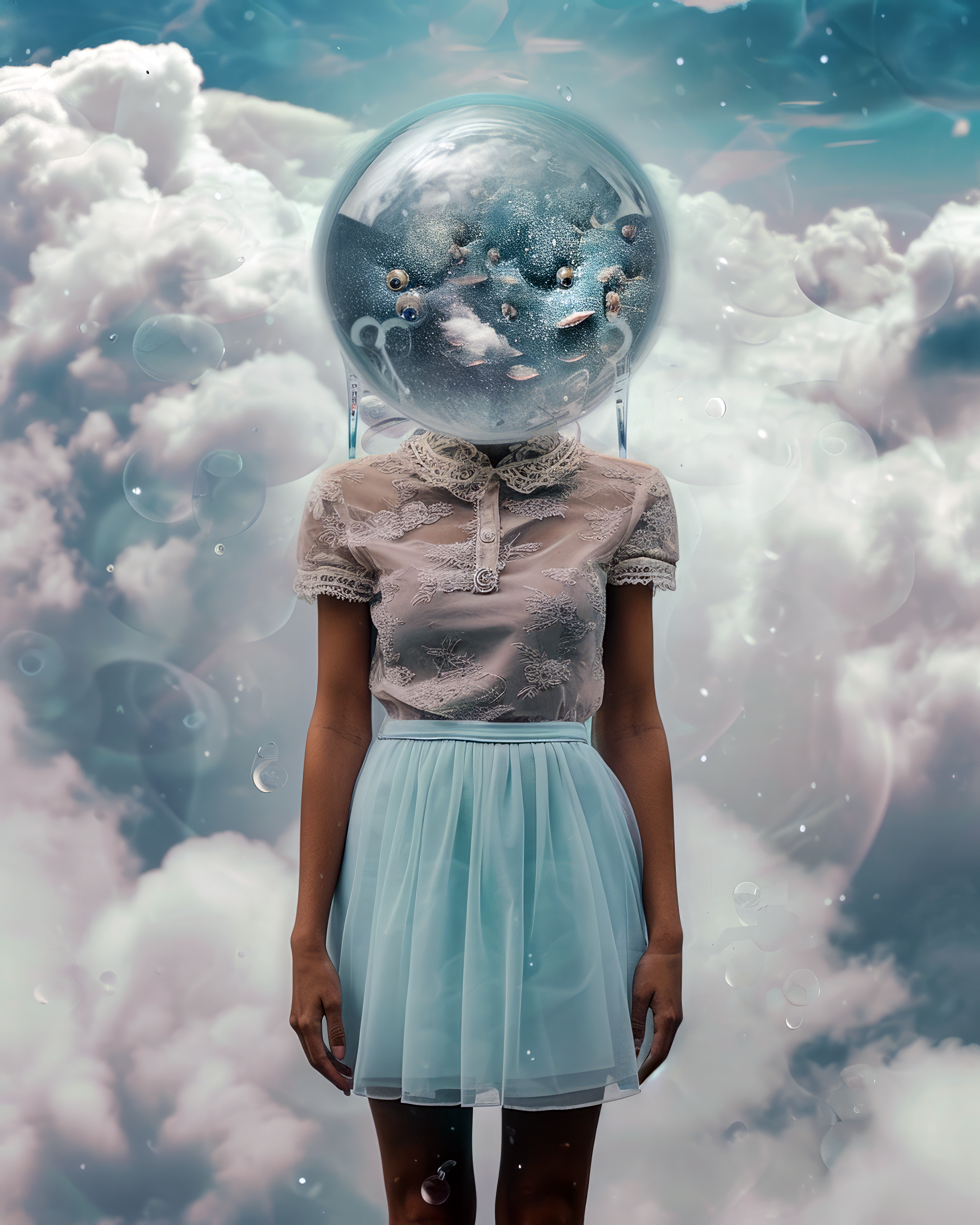 Midjourney prompt: a woman with a fishbowl for a head standing in a b... - Midjourney