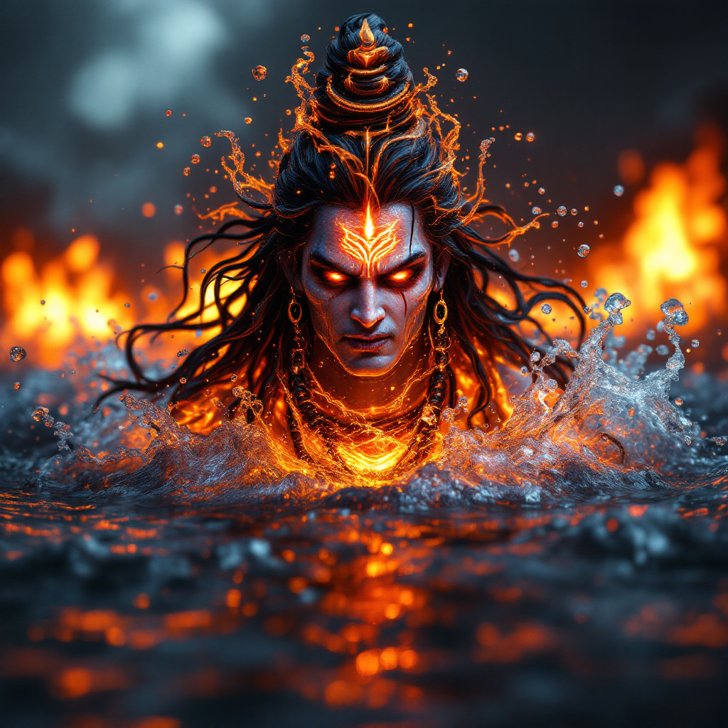 AI generated: FLUX prompt: POWERFUL scary look Lord Shiva made of water, fire... (FLUX - 3D Art & CGI)