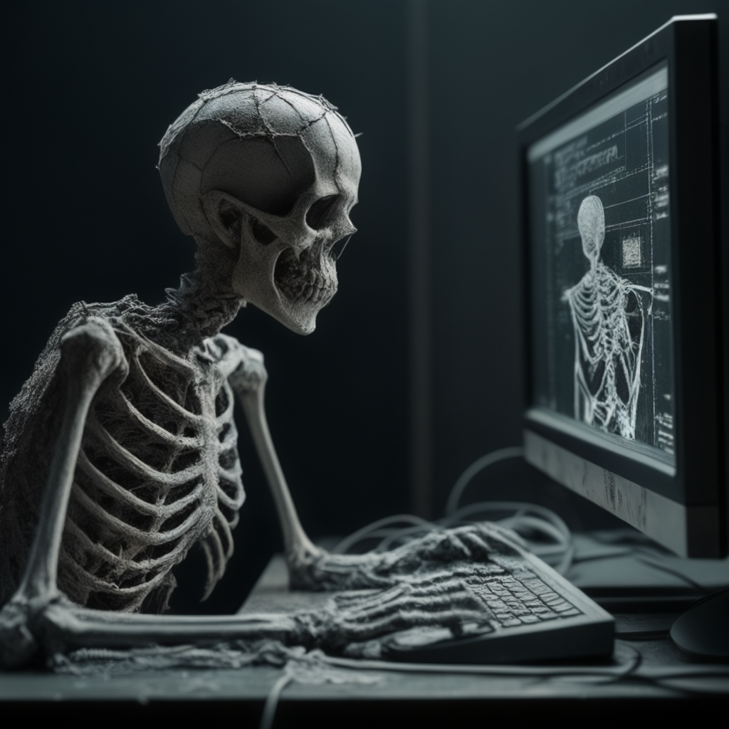 AI generated: Stable Diffusion prompt: a dusty and broken skeleton covered in cobweb is l... (Stable Diffusion - Portraits)