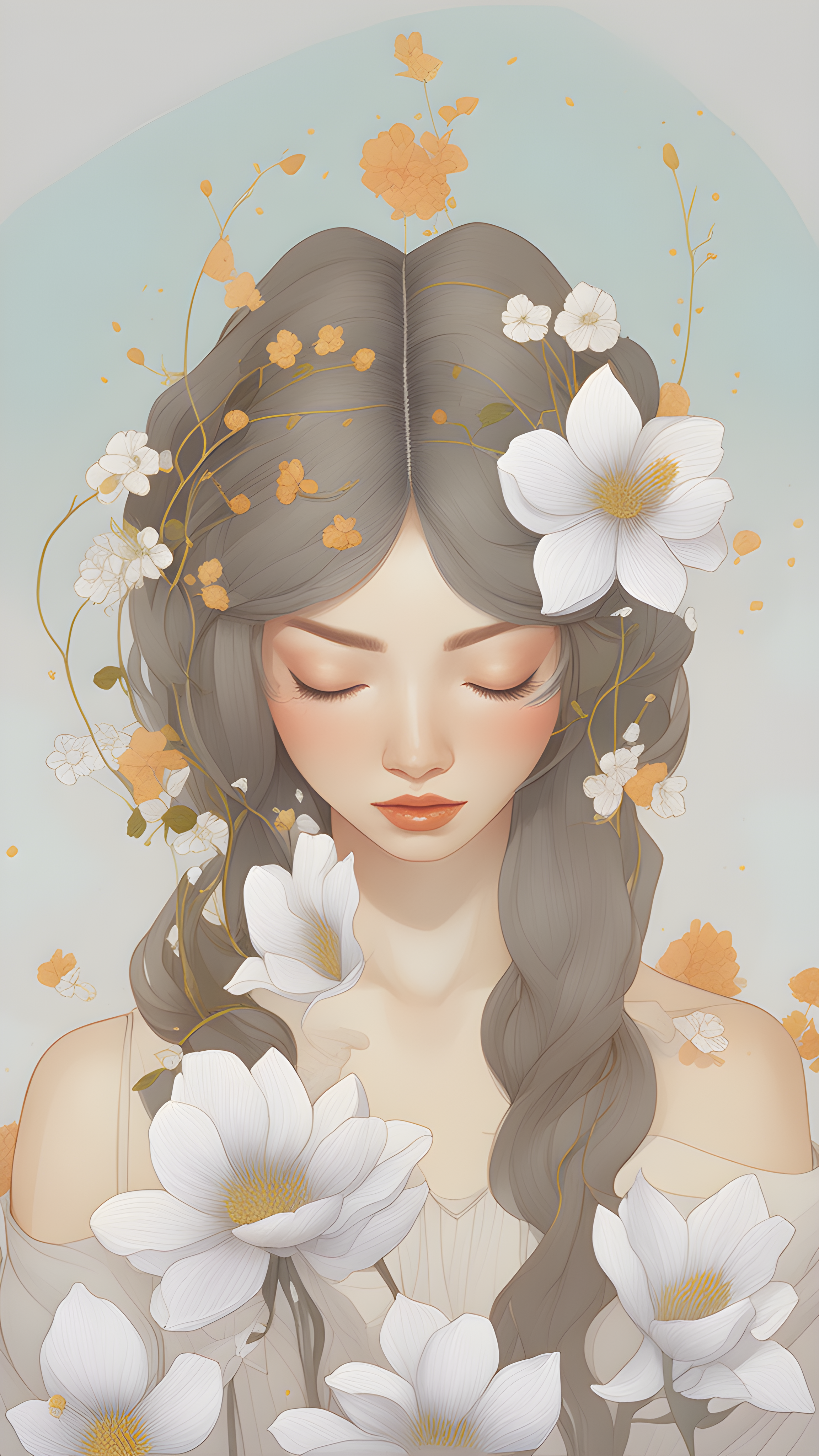 DreamShaper prompt: a painting of a woman with flowers in her hair, a ... - DreamShaper