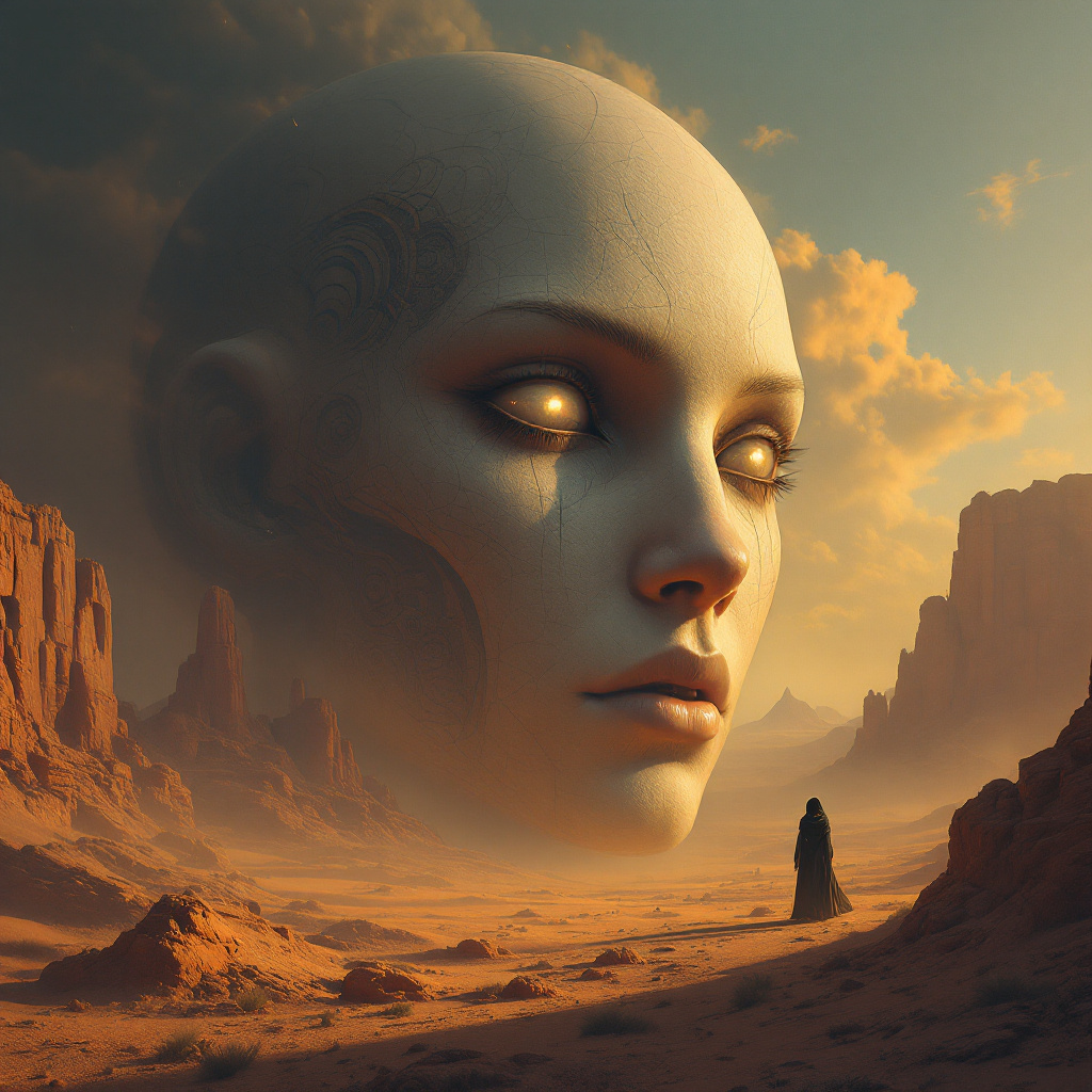 FLUX prompt: large humanoid face with detailed and comple...