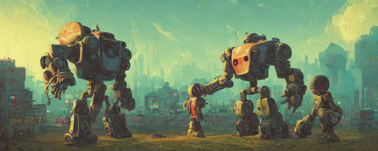 Stable Diffusion prompt: Giant broken robot greeting a li...