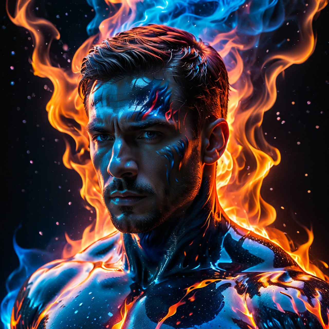 صورة مولدة بالذكاء الاصطناعي: Stable Diffusion prompt: a single muscular man made of Fire and melting ice... (نموذج Stable Diffusion - صور شخصية)