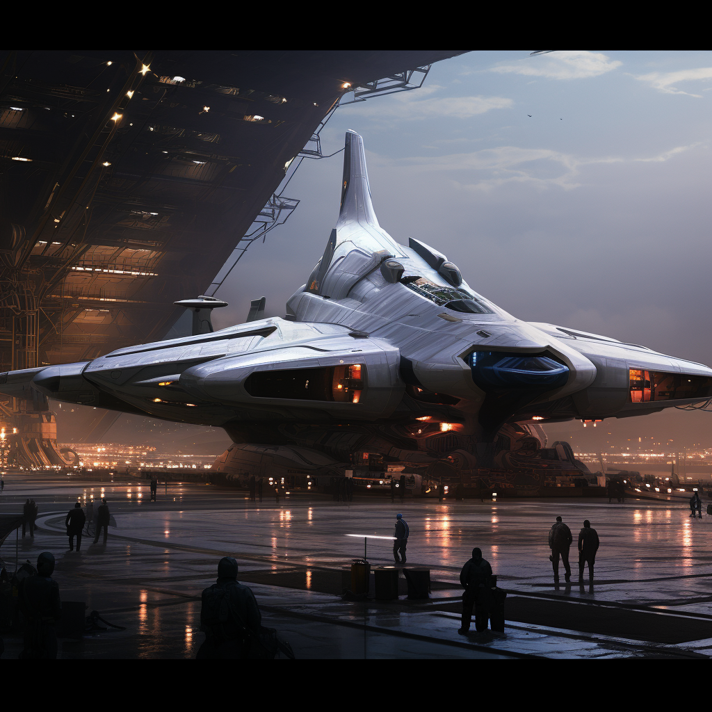 AI generated: Midjourney prompt: starship in port, repairs, loading cargo, sci fi, (Midjourney - Concept Art)