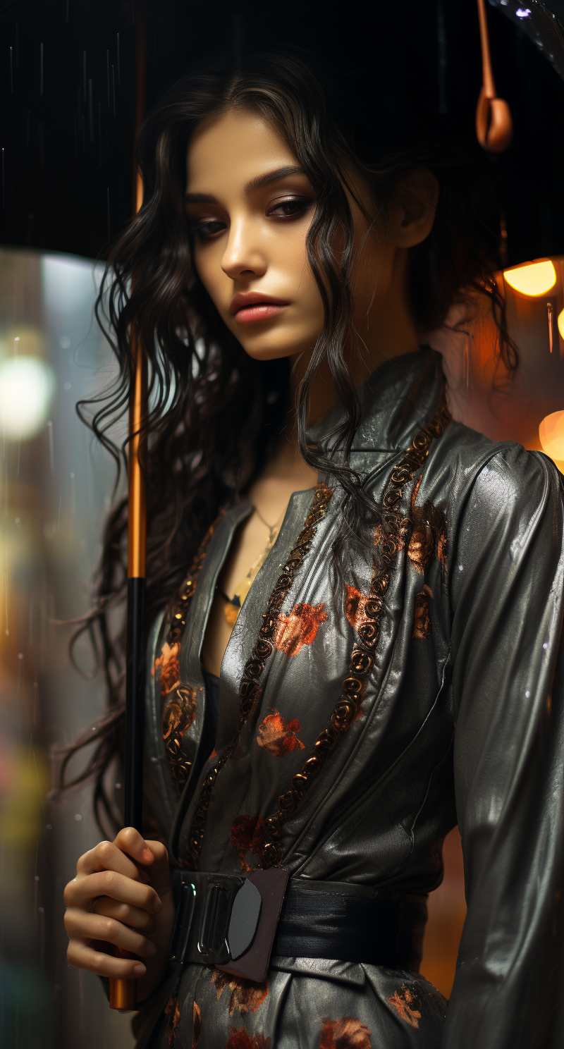 Midjourney prompt: a woman wearing an asian dress in the rain, in the... - Midjourney