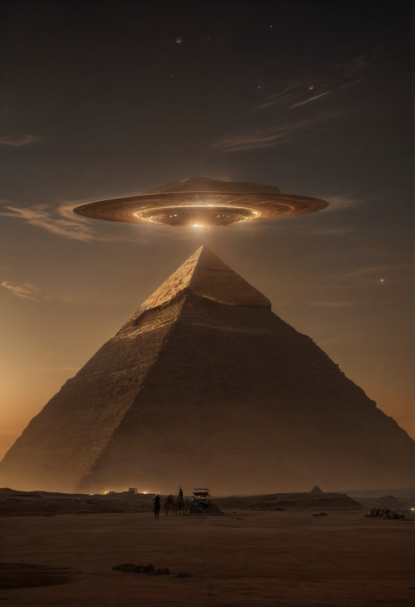 صورة مولدة بالذكاء الاصطناعي: Stable Diffusion prompt: UFO hovering over Egyptian pyramids,epic ,in the a... (نموذج Stable Diffusion - صور شخصية)