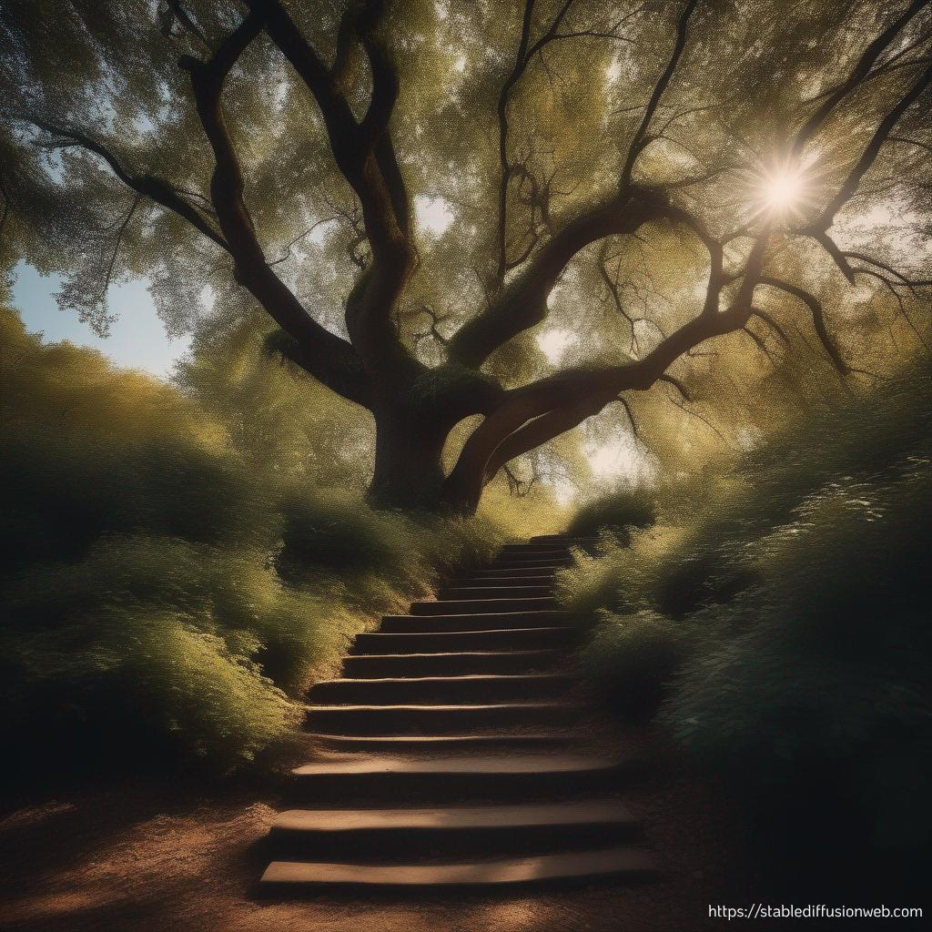 AI generated: Stable Diffusion prompt: stairs in the woods, big tree in middle (Stable Diffusion - Landscapes)